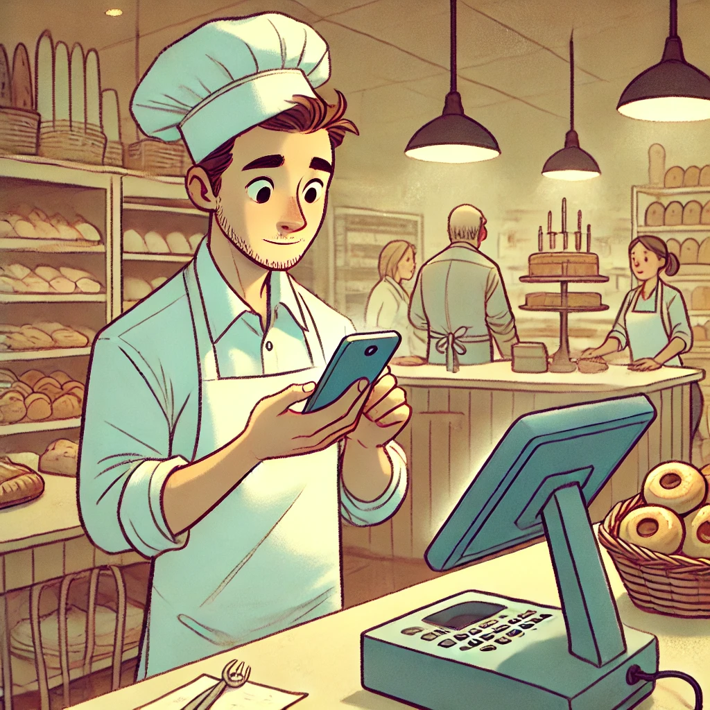 A cartoon-style illustration of a baker in their late 30s working alone in a busy bakery. 