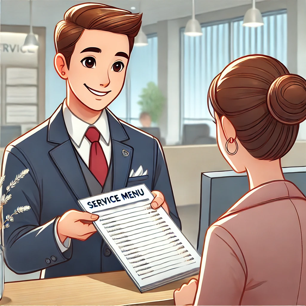 A cartoon-style illustration of a professional, dressed in business attire, handing a service menu to a client.