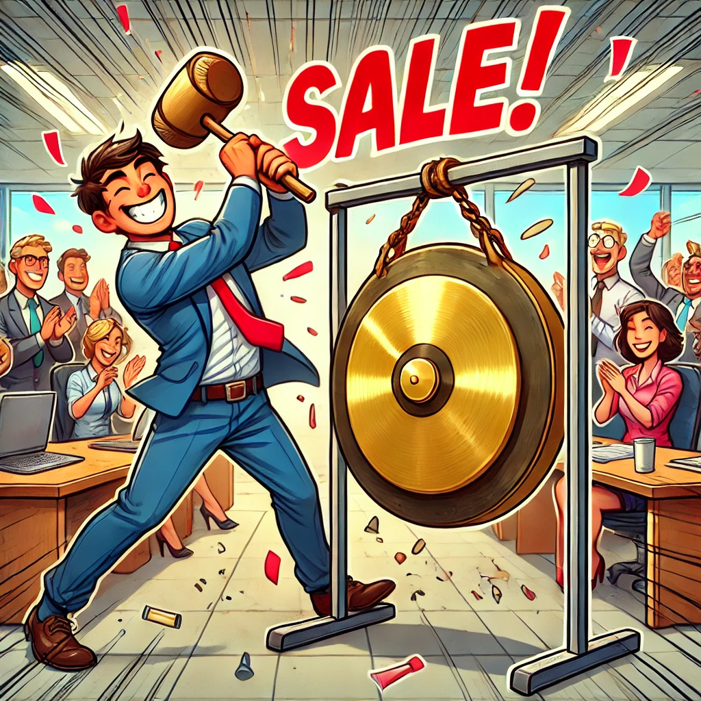  A cartoon-style illustration of a salesperson in an office celebrating a closed sale by hitting a large gong. The salesperson has a big smile, holding a mallet and hitting a gong.