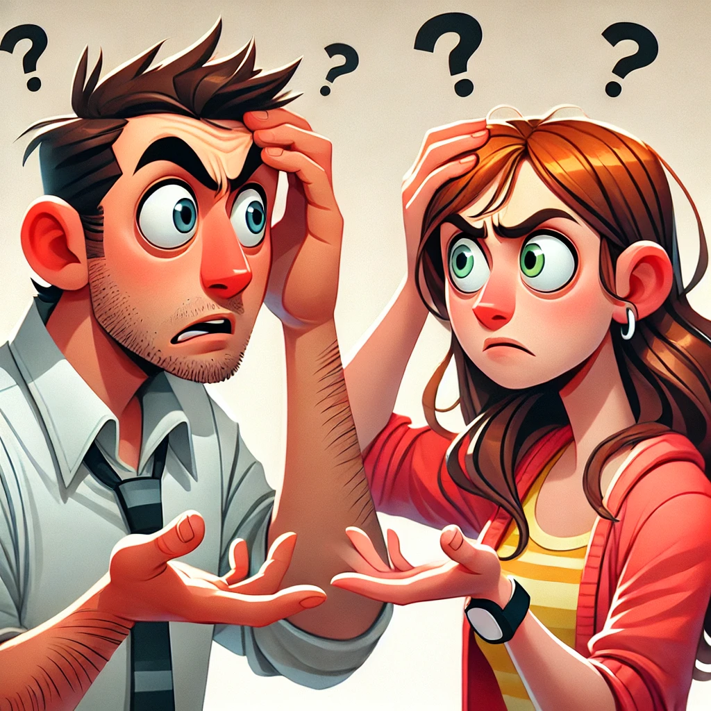 cartoon-style illustration of two people looking at each other with confused expressions. Both individuals have exaggerated and expressive faces 