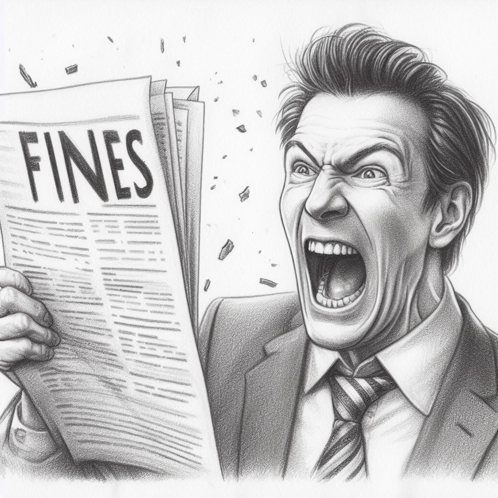 an angry business owner reacting to fines. representing the negative consequences for not following guidelines outlined by a deliverability management expert.